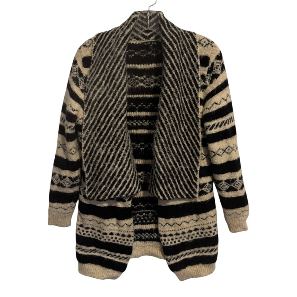 Two Sisters Fuzzy Cardigan Sweater Black Beige Metallic Open Front Shawl M